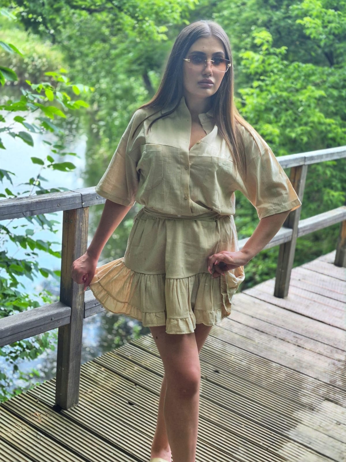 Rochie  bej din muselina cu maneca 2 in 1 MNS0045