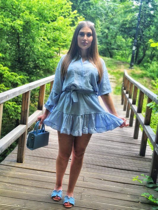 Rochie bleu din muselina cu maneca 2 in 1 MNS0049